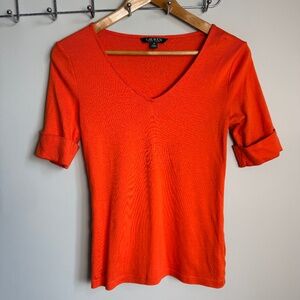 Lauren Ralph Lauren 1/2‎ Sleeve T-Shirt Top Orange Small Preppy V-Neck Office